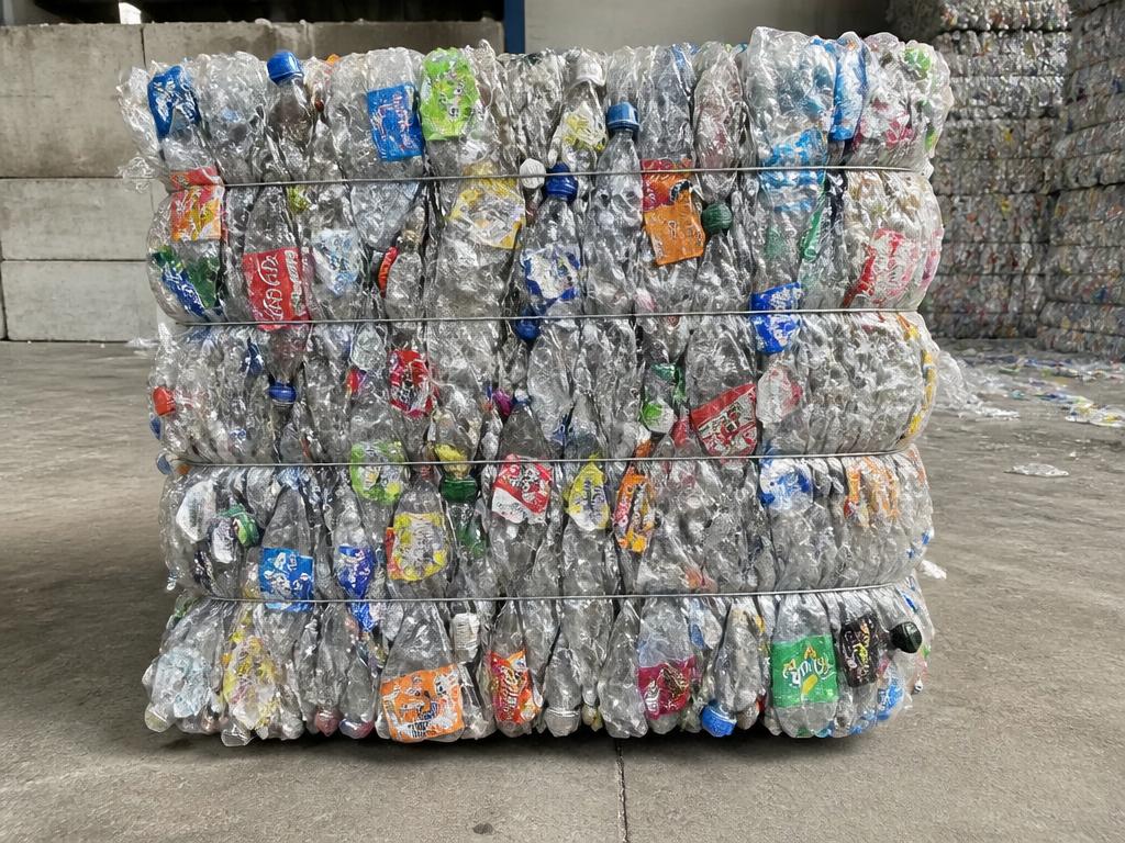 Sample bale of clear PET drink bottles awaiting composition analysis