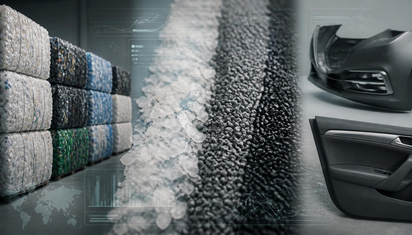 Recycled PP and HDPE moving from sorted plastic feedstock into automotive components under new recycled-content rules.