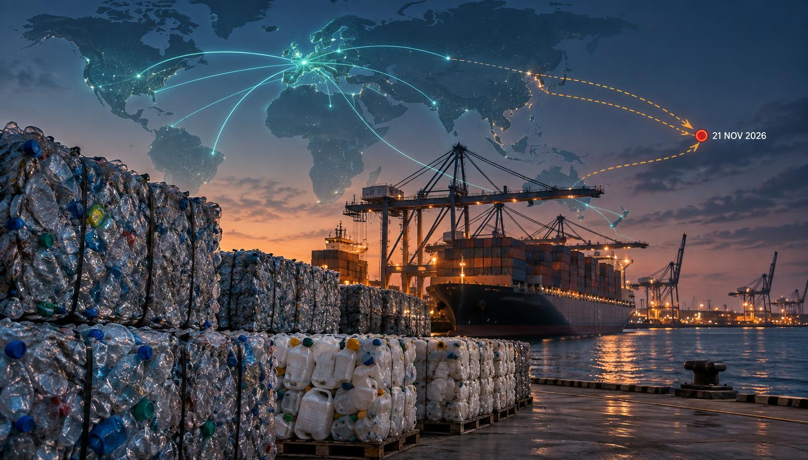 Baled plastic at a port with changing global trade routes ahead of the EU plastic waste export ban in 2026.