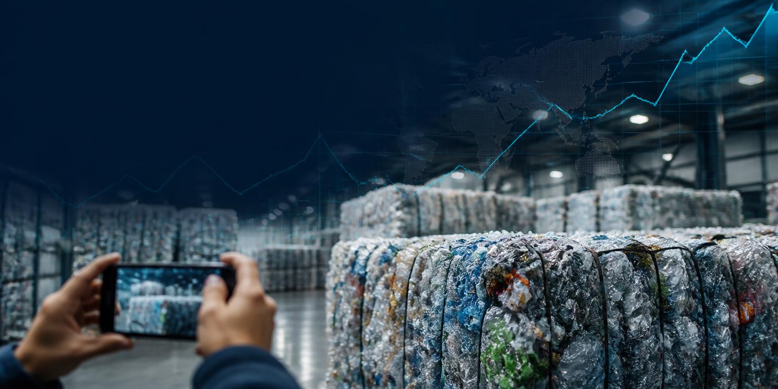 Recycled plastic bales being inspected as global PET, HDPE and PP prices fluctuate.