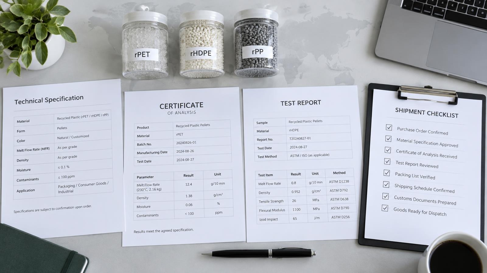 Recycled plastic RFQ checklist with rPET, rHDPE and rPP samples, specifications and supplier documents.