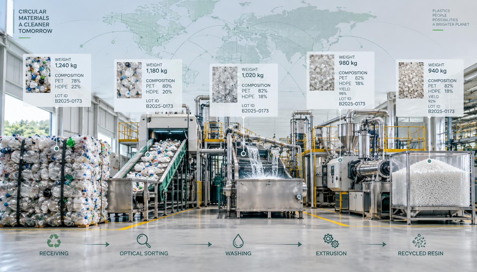Recycled plastic traceability from coded bale through sorting and washing to verified recycled-resin pellets.