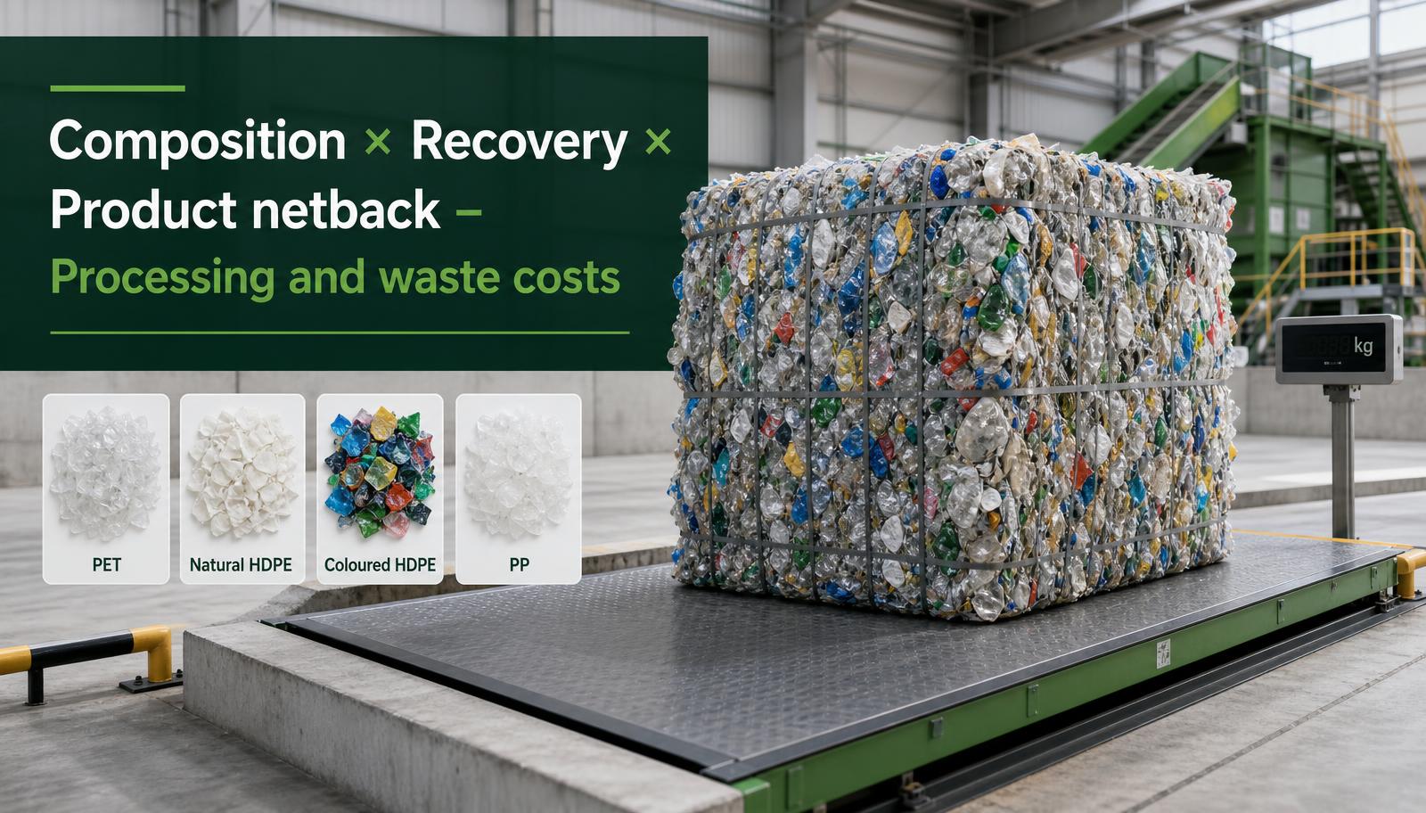 Plastic recycling bale being valued using composition, recoverable yield, product netback and processing costs.